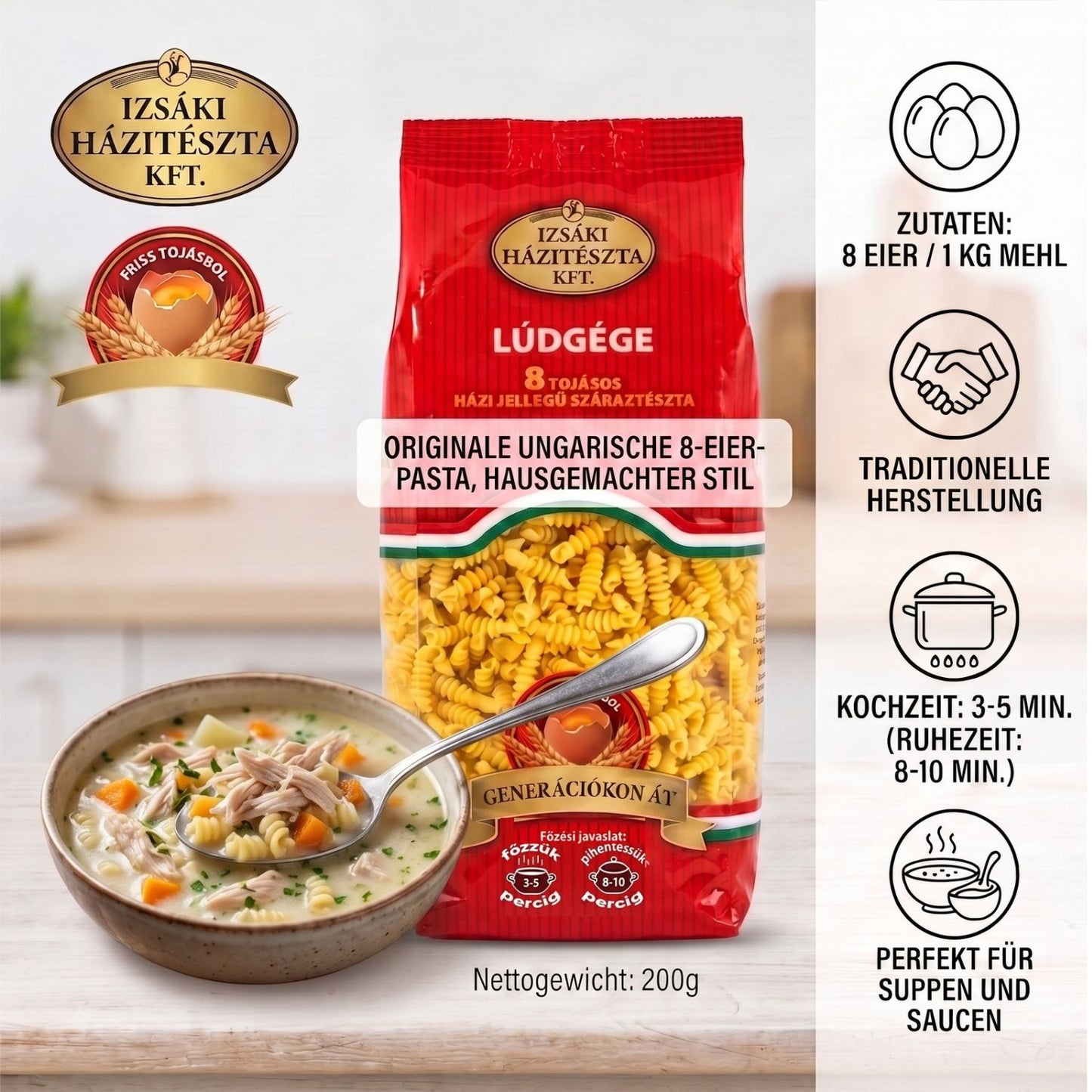 Izsaki Ludgege Premium Ungarische Spiralnudeln (8 Eier) 200g, - Hausmacher Art Eiernudeln aus frischen Eiern, ideale Suppennudeln, Original aus Ungarn