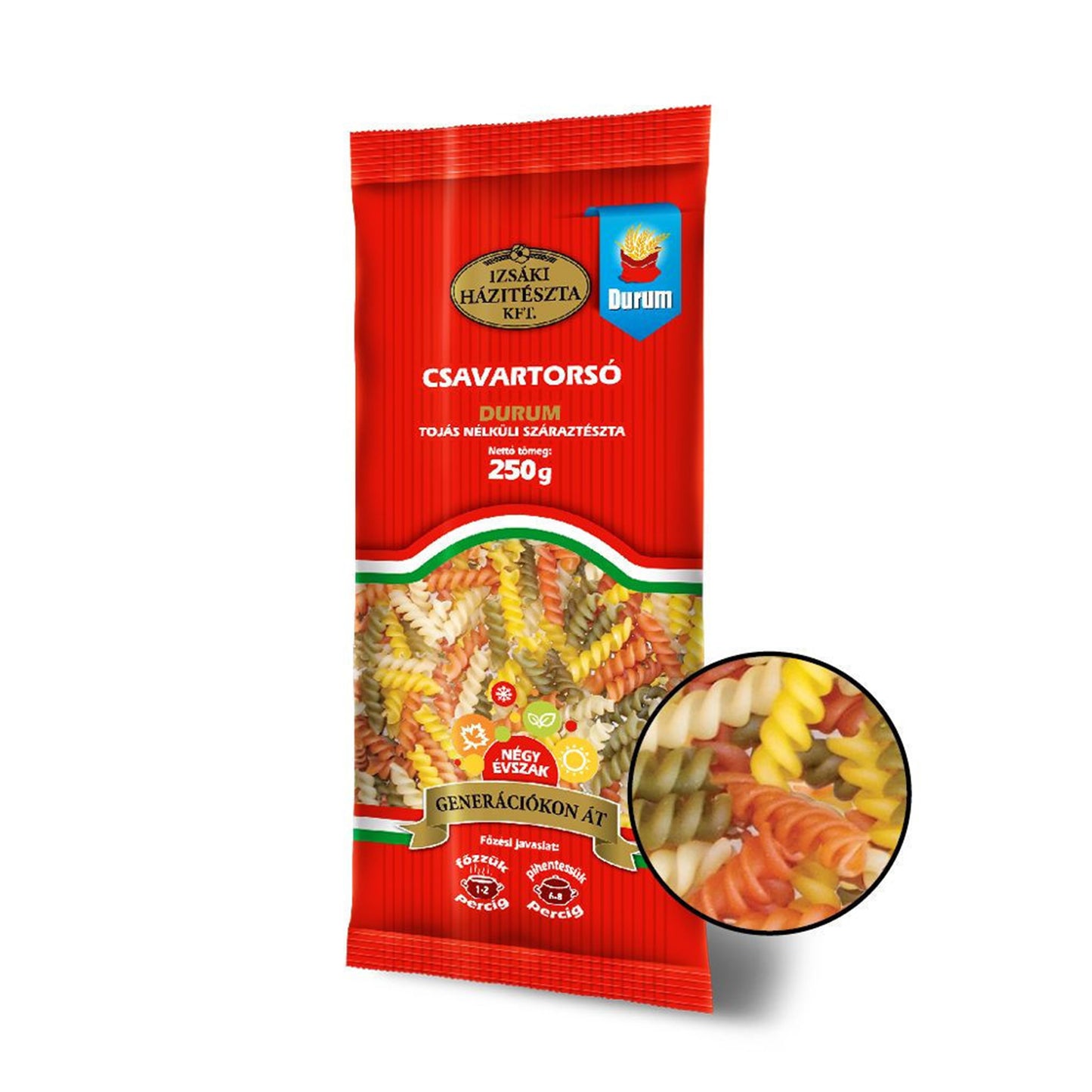 Izsaki Bunte Spirelli "Négy Évszak" (Vier Jahreszeiten) Gemüse-Pasta, 250g, Bunte Spirelli aus Durumweizen mit Tomate, Spinat & Karotte. 100% vegan, eifrei & energiesparend in nur 2 Min. gekocht!