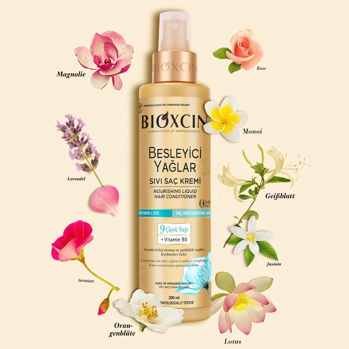 Bioxcin Nourishing Oils Flüssige Haarpflege-Creme 200 ml – Leave-In Conditioner mit 9 Blütenölen & Vitamin B5