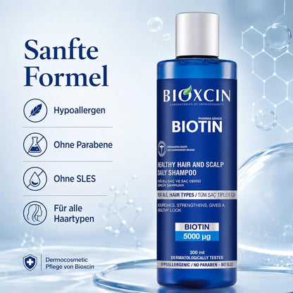 Bioxcin Biotin Shampoo 300 ml – mit Biotin, Vitamin B3, B5, B6, Zink & Thermalwasser, ohne SLES und Parabene