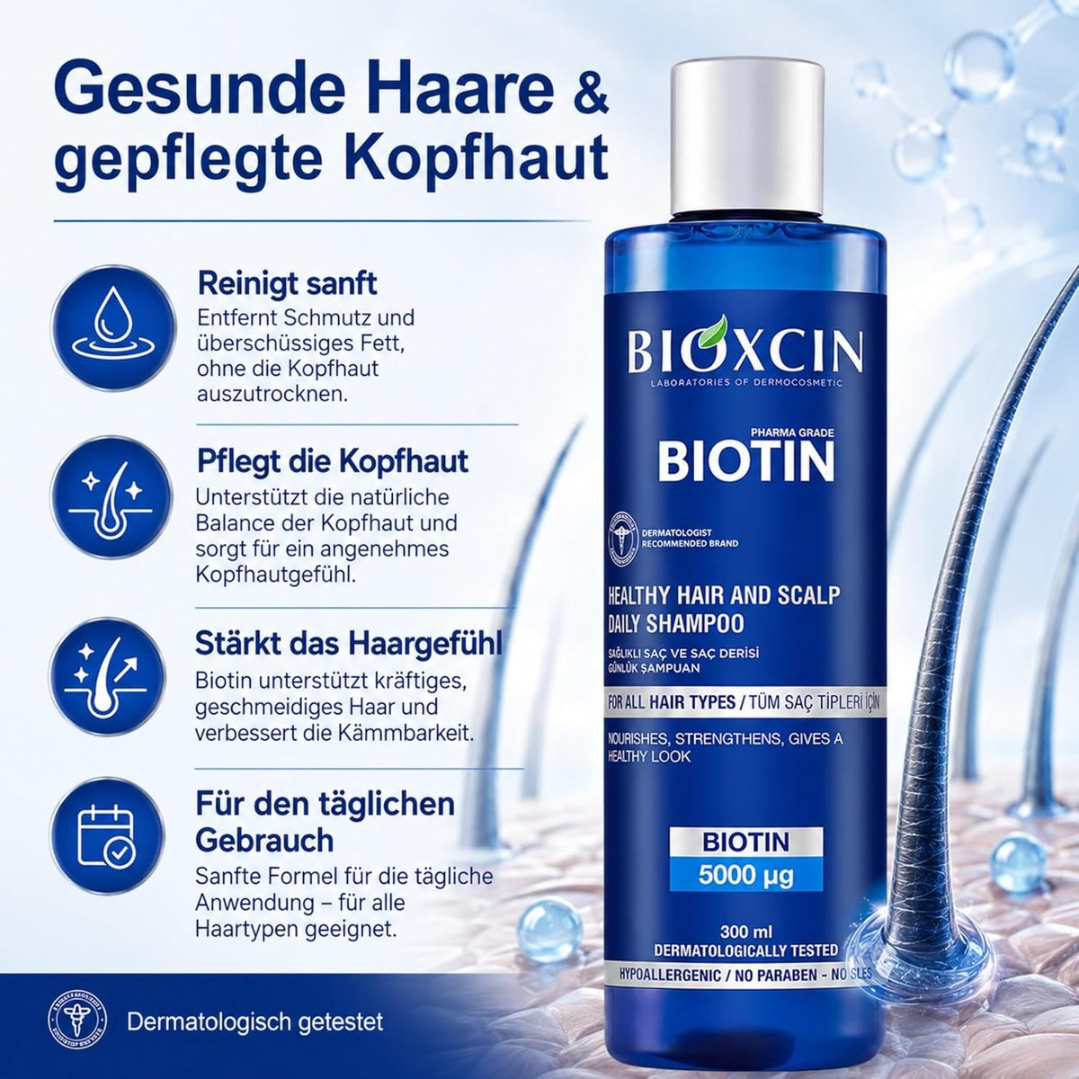 Bioxcin Biotin Shampoo 300 ml – mit Biotin, Vitamin B3, B5, B6, Zink & Thermalwasser, ohne SLES und Parabene
