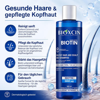 Bioxcin Biotin Shampoo 300 ml – mit Biotin, Vitamin B3, B5, B6, Zink & Thermalwasser, ohne SLES und Parabene