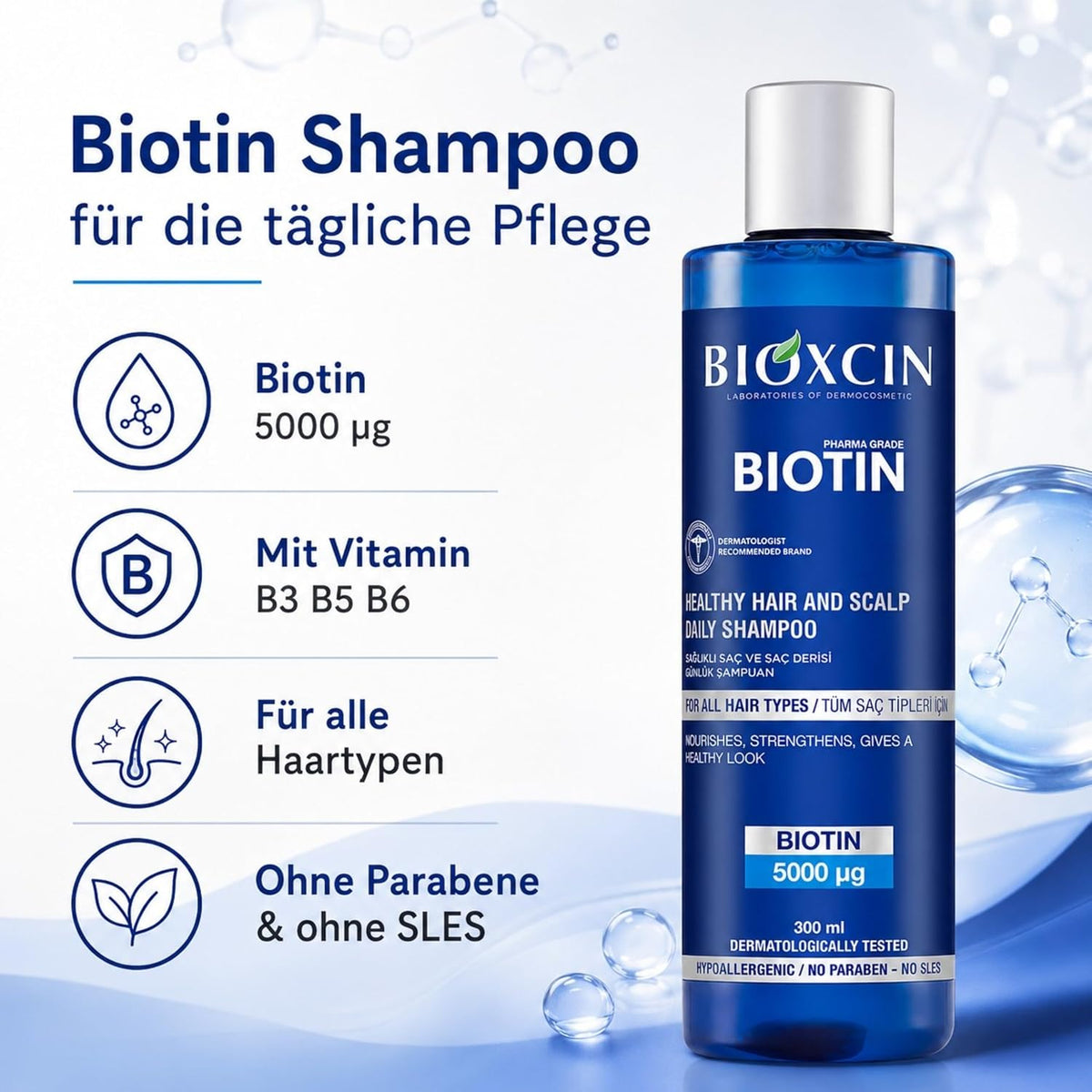 Bioxcin Biotin Shampoo 300 ml – mit Biotin, Vitamin B3, B5, B6, Zink & Thermalwasser, ohne SLES und Parabene