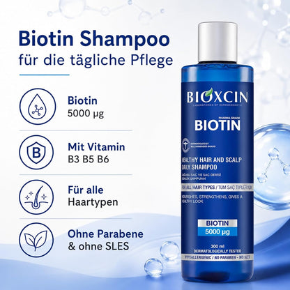 Bioxcin Biotin Shampoo 300 ml – mit Biotin, Vitamin B3, B5, B6, Zink & Thermalwasser, ohne SLES und Parabene
