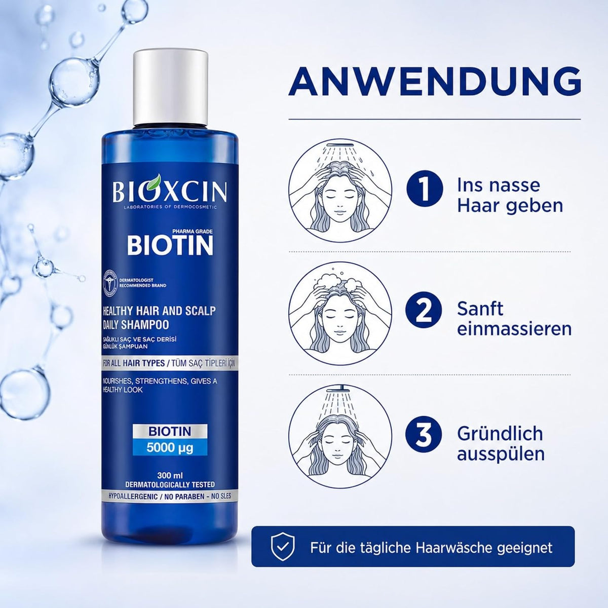 Bioxcin Biotin Shampoo 300 ml – mit Biotin, Vitamin B3, B5, B6, Zink & Thermalwasser, ohne SLES und Parabene