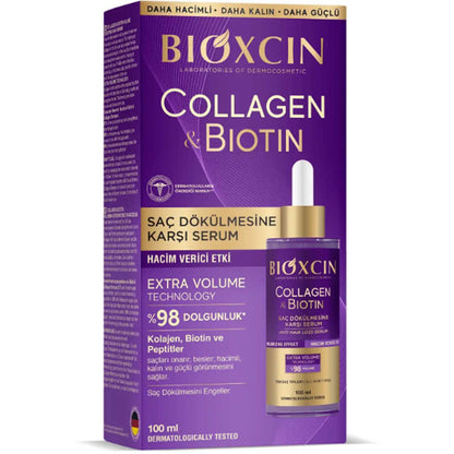 Bioxcin Collagen & Biotin Anti-Haarausfall Haarserum 100ml, Extra Volumen & Fülle - Für Dünnes, Schwaches Haar, Kräftigendes Haarwuchsmitte