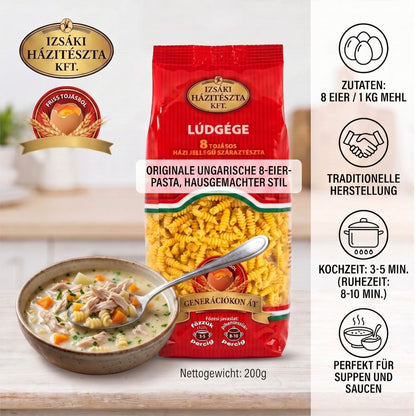 Izsaki Ludgege Premium Ungarische Spiralnudeln (8 Eier) 200g, - Hausmacher Art Eiernudeln aus frischen Eiern, ideale Suppennudeln, Original aus Ungarn