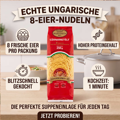 Izsaki Cernametelt Premium Ungarische Fadennudeln (8 Eier), 250g, Authentische ungarische Fadennudeln für Suppen. In nur 1 Min. gekocht! Proteinreiche 8-Eier Premium-Qualität