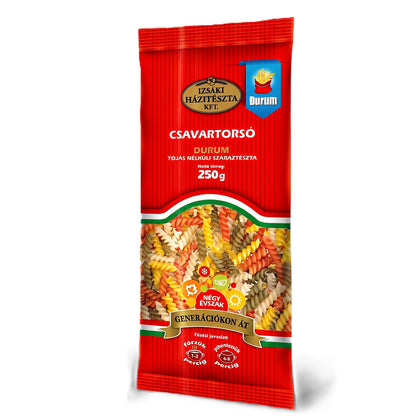 Izsaki Bunte Spirelli "Négy Évszak" (Vier Jahreszeiten) Gemüse-Pasta, 250g, Bunte Spirelli aus Durumweizen mit Tomate, Spinat & Karotte. 100% vegan, eifrei & energiesparend in nur 2 Min. gekocht!