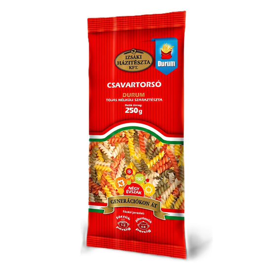 Izsaki Bunte Spirelli "Négy Évszak" (Vier Jahreszeiten) Gemüse-Pasta, 250g, Bunte Spirelli aus Durumweizen mit Tomate, Spinat & Karotte. 100% vegan, eifrei & energiesparend in nur 2 Min. gekocht!