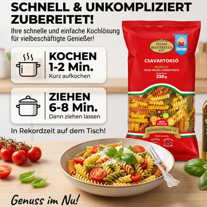 Izsaki Bunte Spirelli "Négy Évszak" (Vier Jahreszeiten) Gemüse-Pasta, 250g, Bunte Spirelli aus Durumweizen mit Tomate, Spinat & Karotte. 100% vegan, eifrei & energiesparend in nur 2 Min. gekocht!