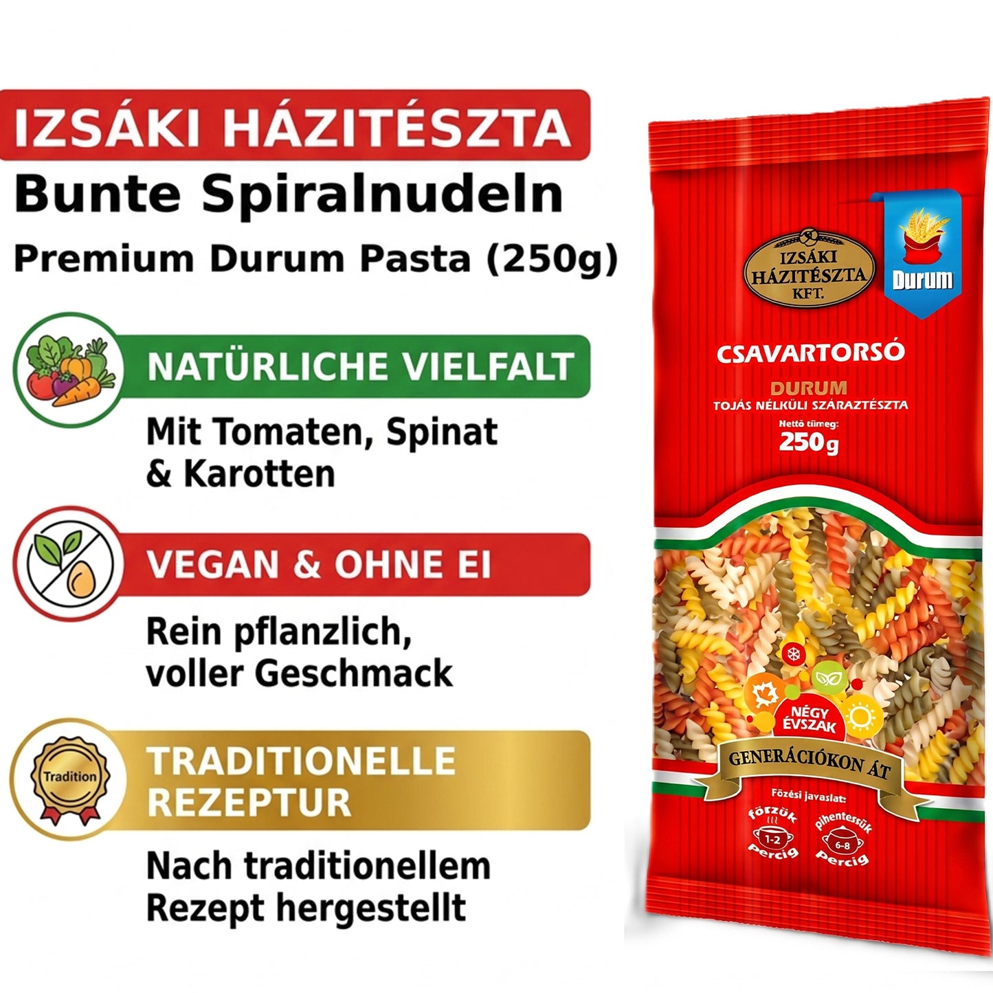 Izsaki Bunte Spirelli "Négy Évszak" (Vier Jahreszeiten) Gemüse-Pasta, 250g, Bunte Spirelli aus Durumweizen mit Tomate, Spinat & Karotte. 100% vegan, eifrei & energiesparend in nur 2 Min. gekocht!