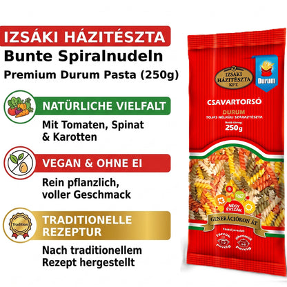 Izsaki Bunte Spirelli "Négy Évszak" (Vier Jahreszeiten) Gemüse-Pasta, 250g, Bunte Spirelli aus Durumweizen mit Tomate, Spinat & Karotte. 100% vegan, eifrei & energiesparend in nur 2 Min. gekocht!