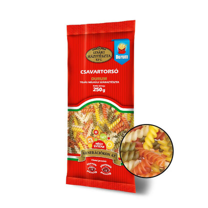 Izsaki Bunte Spirelli "Négy Évszak" (Vier Jahreszeiten) Gemüse-Pasta, 250g, Bunte Spirelli aus Durumweizen mit Tomate, Spinat & Karotte. 100% vegan, eifrei & energiesparend in nur 2 Min. gekocht!