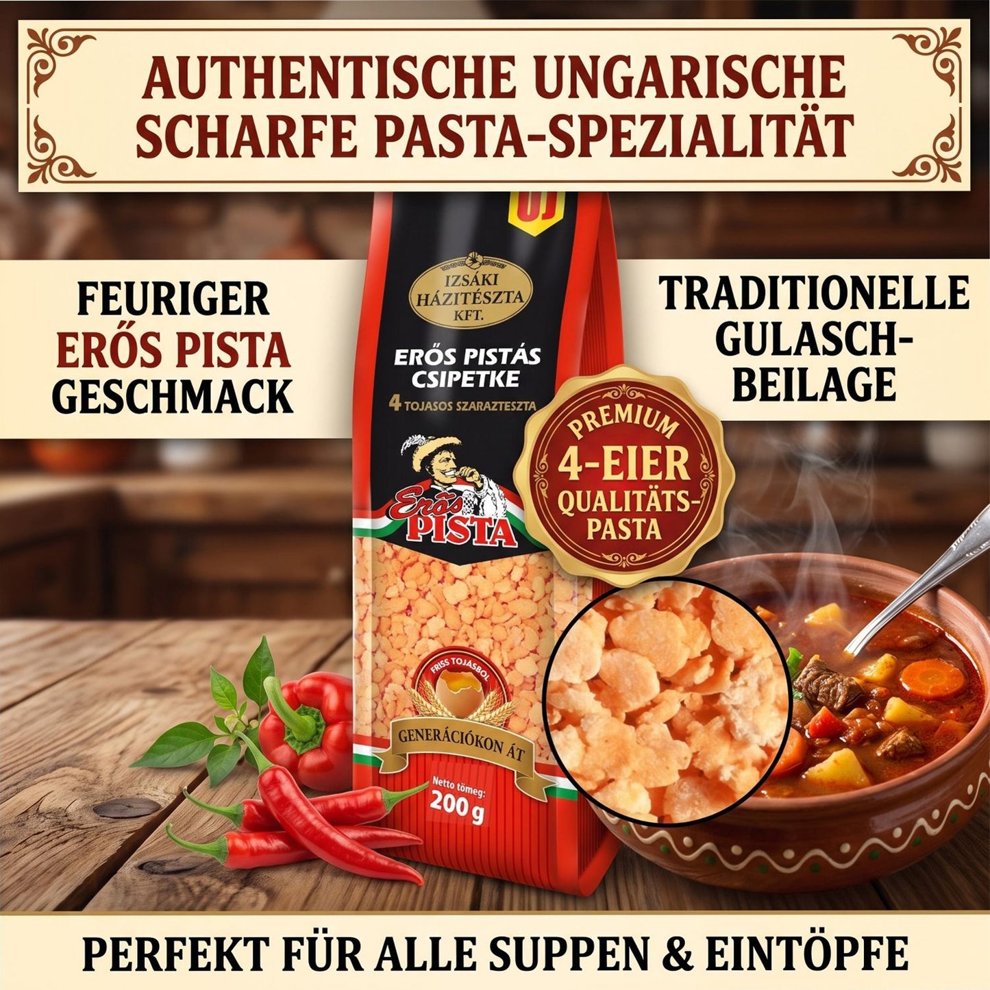 Izsaki Erös Pistas Premium Csipetke Scharfe Eiernudeln (4 Eier), 200g, Authentische scharfe Zupfnudeln für Gulaschsuppe & Eintöpfe. Veredelt mit ungarischem Paprika.