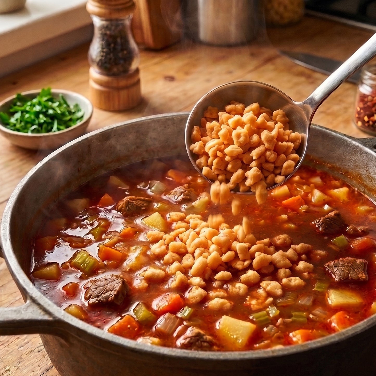 Izsaki Erös Pistas Premium Csipetke Scharfe Eiernudeln (4 Eier), 200g, Authentische scharfe Zupfnudeln für Gulaschsuppe & Eintöpfe. Veredelt mit ungarischem Paprika.