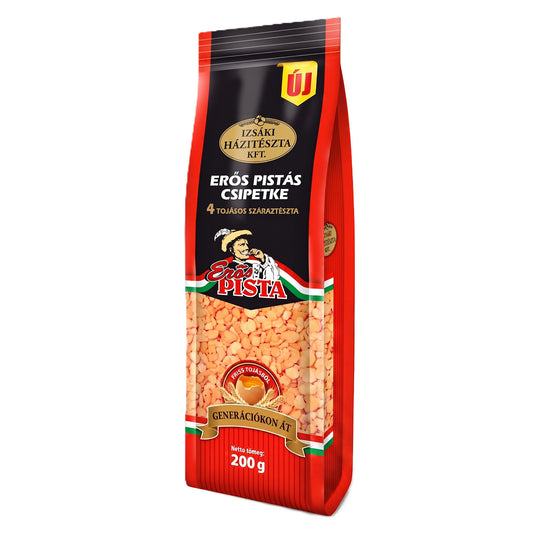 Izsaki Erös Pistas Premium Csipetke Scharfe Eiernudeln (4 Eier), 200g, Authentische scharfe Zupfnudeln für Gulaschsuppe & Eintöpfe. Veredelt mit ungarischem Paprika.