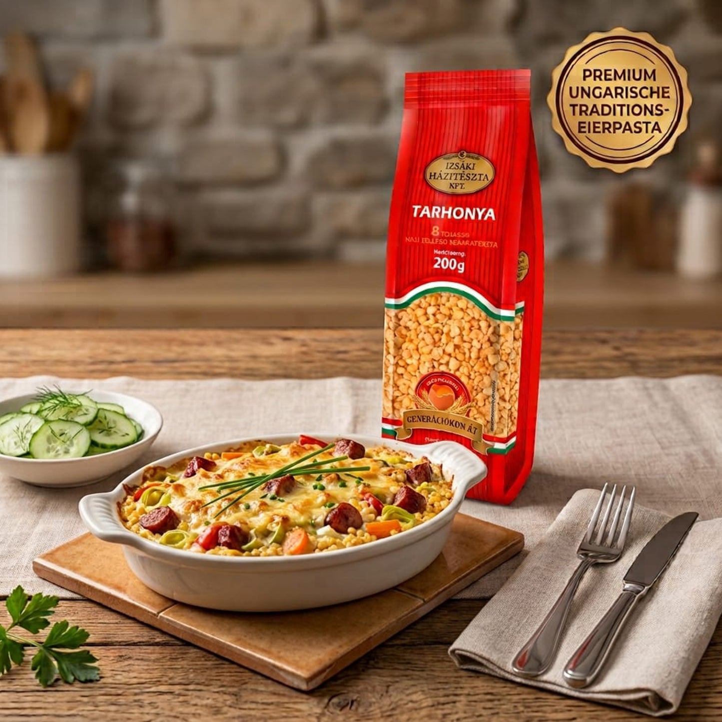 Izsaki Tarhonya Premium Ungarische Eiergraupen (8 Eier), 200g, Authentische Premium-Beilage aus Ungarn. Proteinreiche Eiergraupen (14g) für Gulasch & Pörkölt. 8-Eier Qualität.