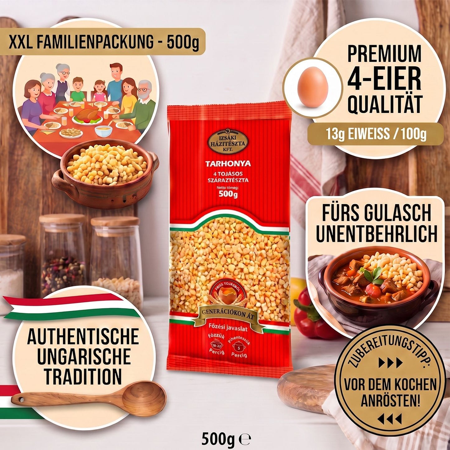 Izsaki Tarhonya Premium Eiergraupen Familienpackung (4 Eier), 500g, Authentische Nudel-Beilage für Gulasch. Traditionelle XXL Familienpackung (500g) mit originaler 4-Eier Qualität aus Ungarn