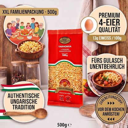 Izsaki Tarhonya Premium Eiergraupen Familienpackung (4 Eier), 500g, Authentische Nudel-Beilage für Gulasch. Traditionelle XXL Familienpackung (500g) mit originaler 4-Eier Qualität aus Ungarn