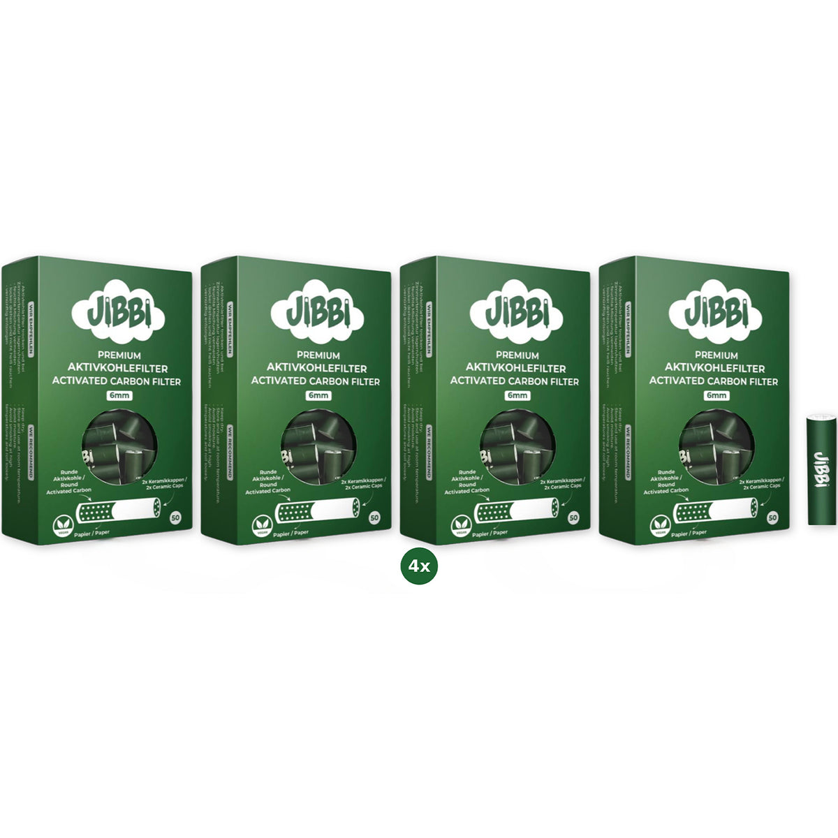 Jibbi Aktivkohlefilter 6 mm 200 Stück 4x50 Papierhülle Keramikkappen vegan