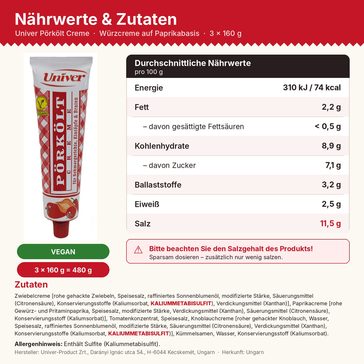 Univer Pörkölt Würzcreme 160g Tube -vegan ungarische Würzpaste Gulasch Eintopf